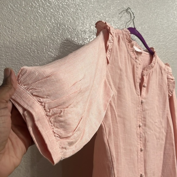 LC Lauren Conrad Women's Shirt Size Small Pink Striped Ruffle Button Up Blouse - Picture 3 of 11